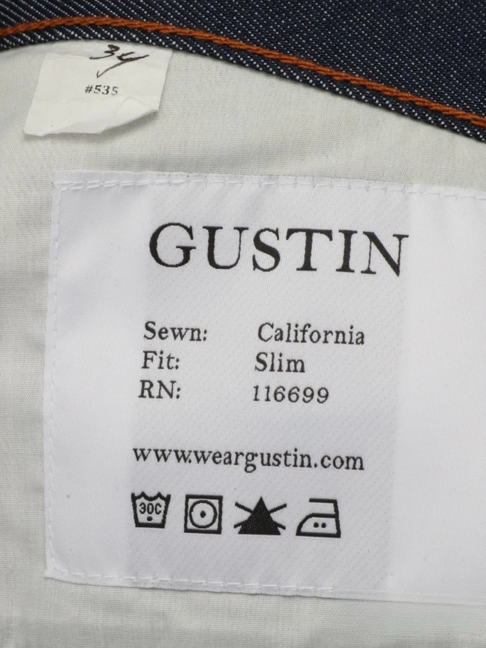 LNWOT Gustin Made USA #535 California Slim Fit Raw Indigo Selvedge Jeans 34 #1 - Picture 9 of 9